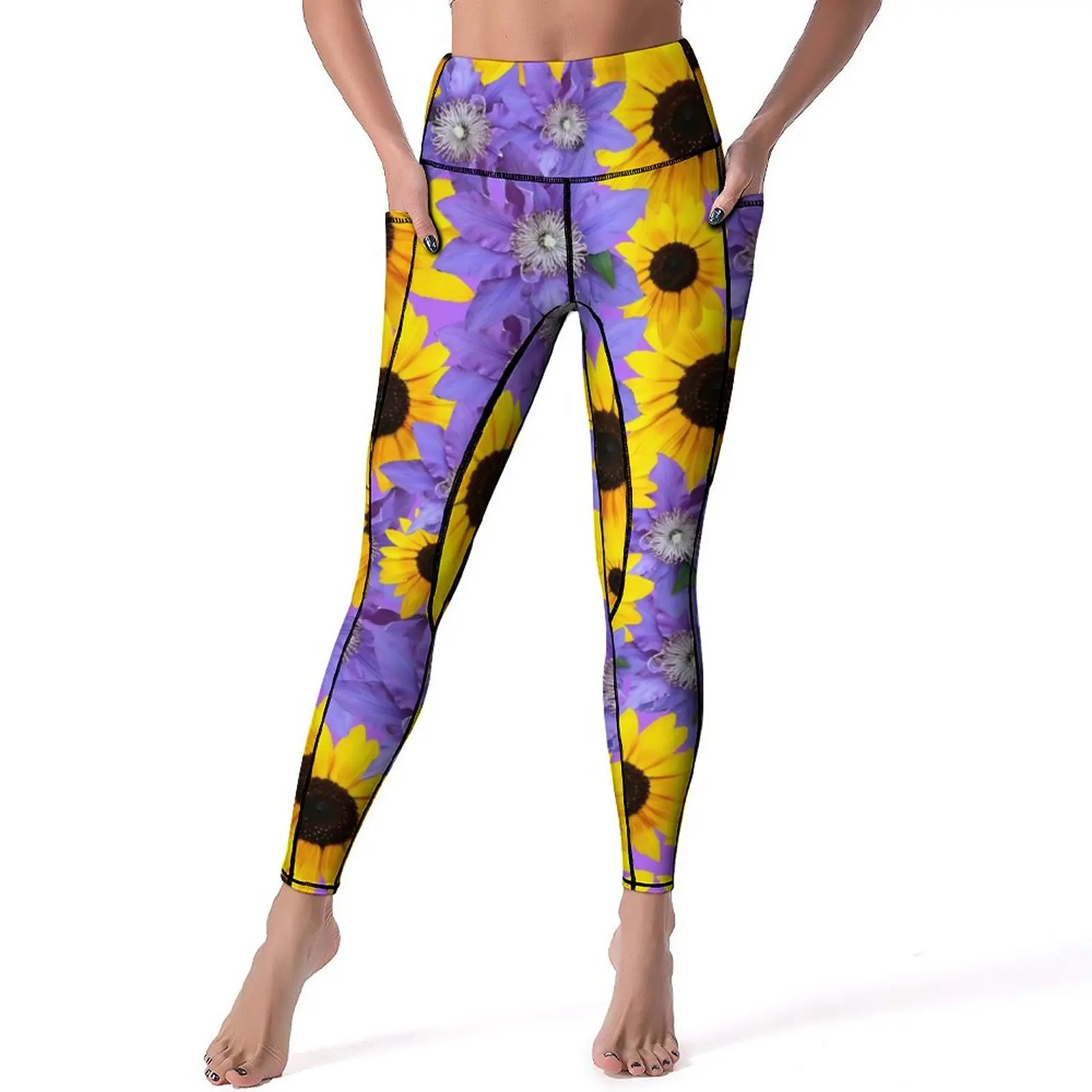

Sunflower Print Leggings Sexy Purple Floral Workout Yoga Pants Push Up Stretch Sport Legging Pockets Sweet Graphic Leggins