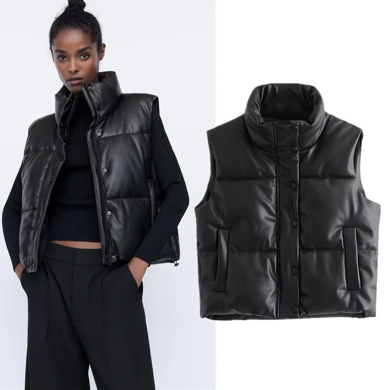 

New Autumn Winter Women Black Sleeveless Faux Leather Jacket Casual Zipper Solid Coat Female Warm Cotton Outwear Tops Ladie