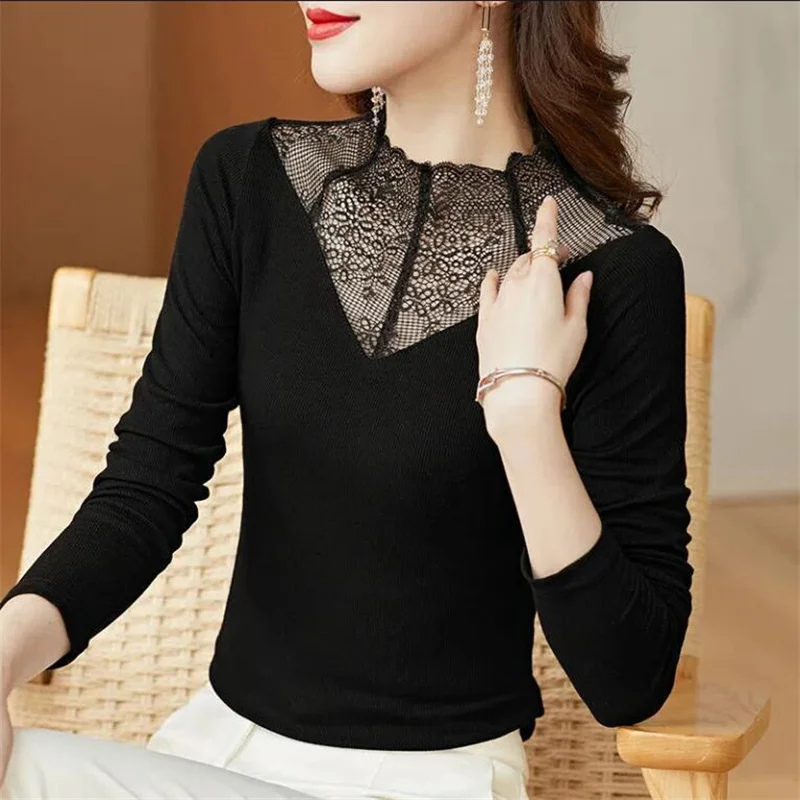 

Lace Hollow out T-shirt Ladies Tees Half High Collar Underlay Solid Color Long Sleeve Basice Jumpper Top Slim Femme Tees