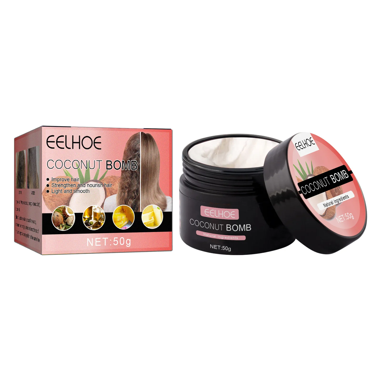 

EELHOE Coconut Hair Mask Moisturizing and Moisturizing Hair Nourishing Mask Repairs Hair Dry Smooth Soft and Shiny Hair Care 50G