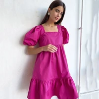 fashion dress women summer pink squre collar puff sleeve a line dress elegant sweet style loose short women dress prom dresses