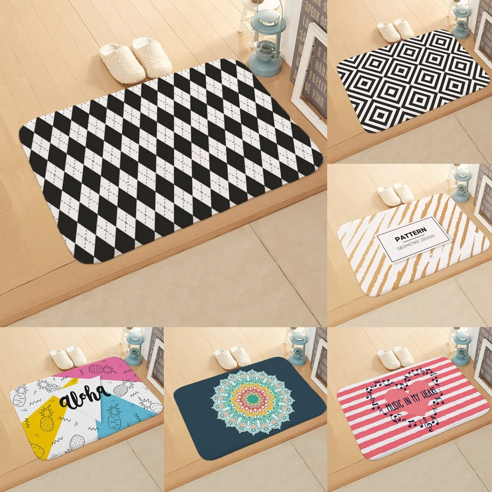 

Black White Plaid Bath Mats Non-slip Geometry Stripe Bathroom Floor Carpets Flannel Rugs Kitchen Doormat Mandala Foot Pads Home