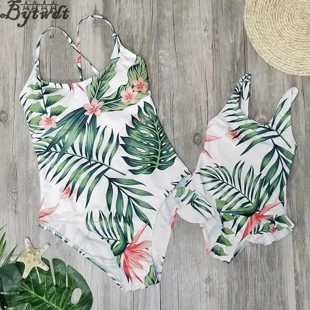 

Mother Daughter Matching Kids Baby Girl Women Palm Leaves Swimwear Swimsuit Bikini Set