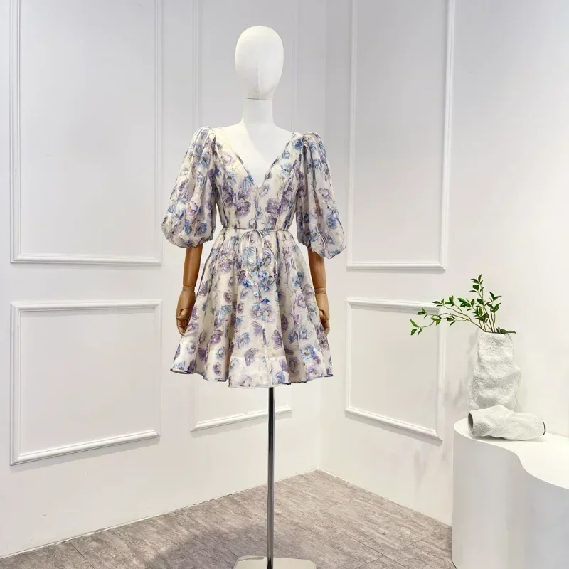 

2023 High Quality Spring Summer Linen Silk Vintage New Appliques Half Lantern Sleeve Floral Printing Belt Woman Mini Dress