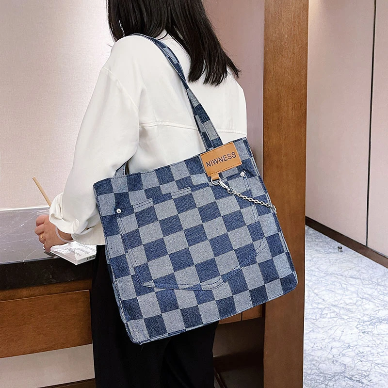 

Синяя джинсовая женская сумка, клетчатая джинсовая сумка через плечо, холщовая сумка-мессенджер Y2K, эко-сумка, Корейская сумка-шоппер с цепочкой, сумка-тоут