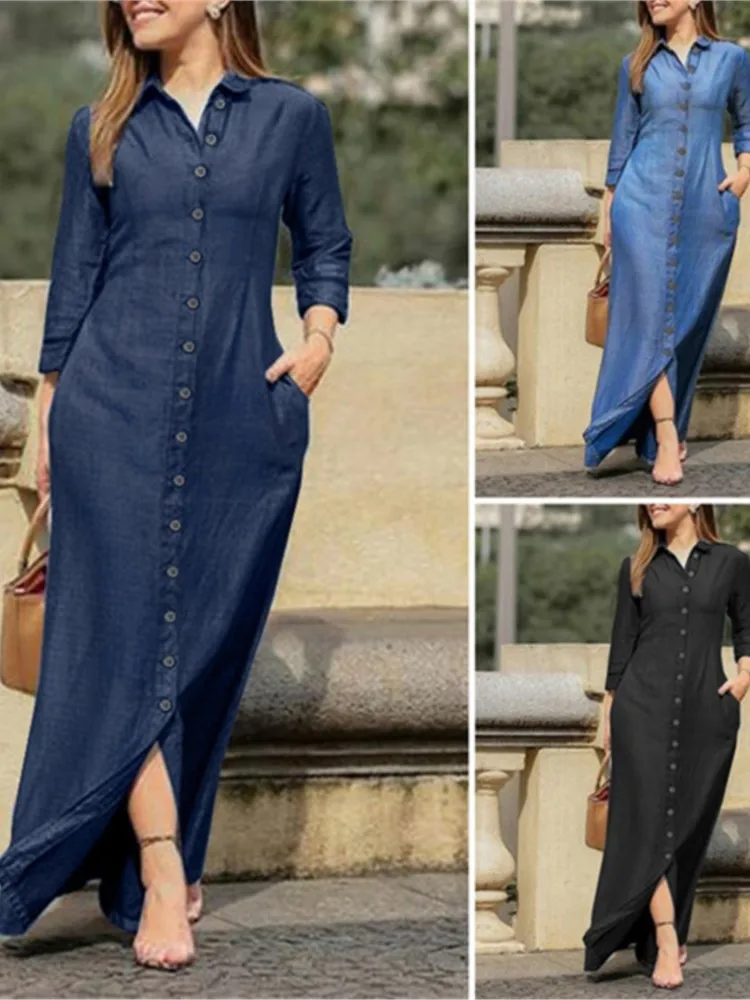 Женское осеннее новое джинсовое платье с воротником-рубашкой джинсовая