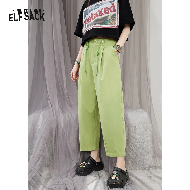 ELFSACK Green Loose Solid Pure High Waist Straight Casual Women Pants 2022 Spring Korean Ladies Daily Basic Trouser