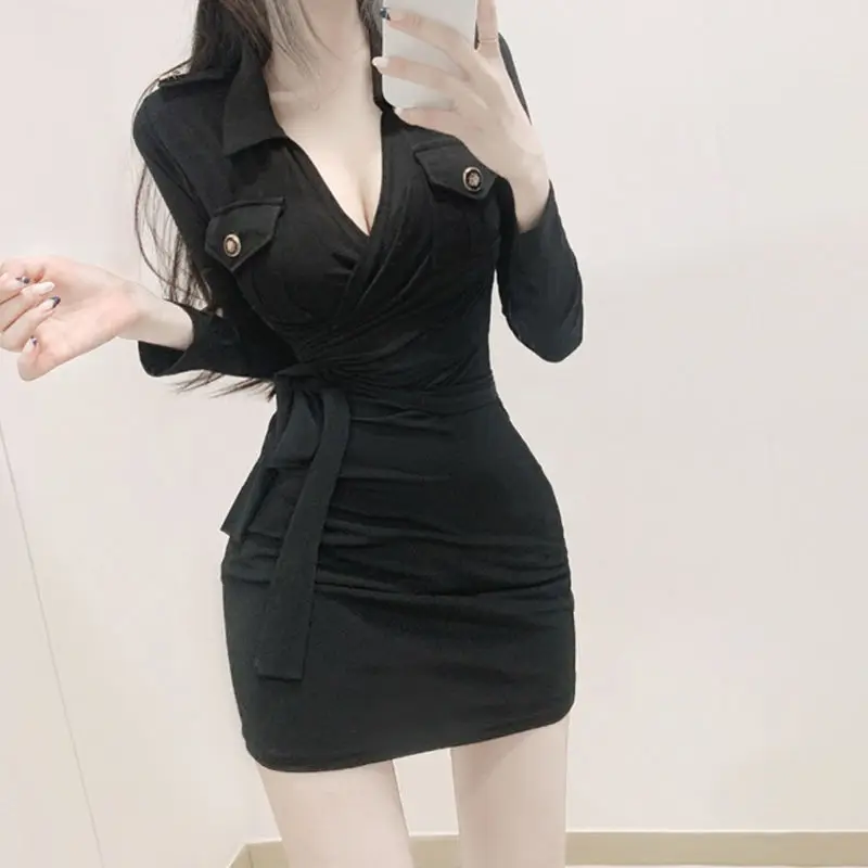 

원피스 Korean Fashion V-Neck Robe Sexy 2022 Spring Autumn Long Sleeve Black Dress Chic Wrap Hip Bodycon Casual Vestidos Mujer Mini