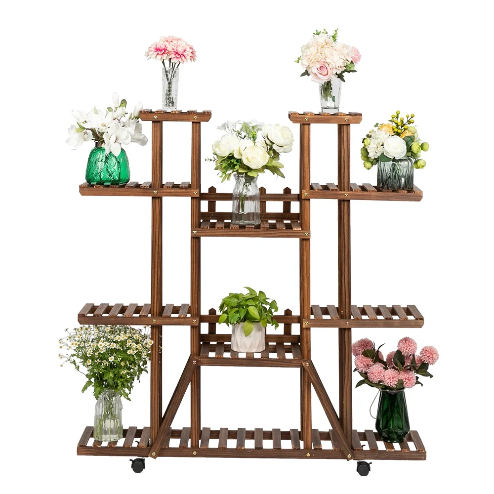 

Rolling Plant Stand Shelf Indoor - 6 Tier Wood Plant Pots Shelves Tiered Flower Rack Holder Stand with Detachable Wheels for Mul
