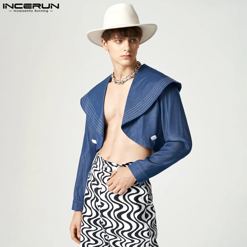 

American Style Tops INCERUN Men Fashion Pressed Iine Blazer Party Nightclub All-match Truncated Cardigan Long Sleeve Suit S-5XL