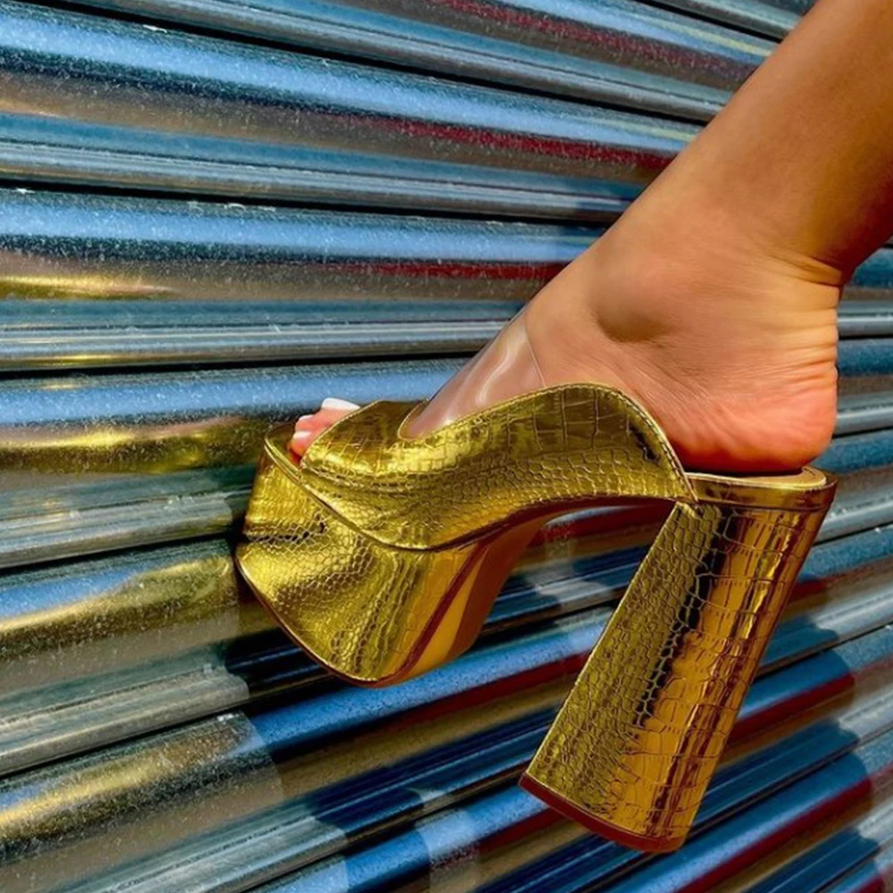 RIBETRINI Clear Perspex Open Toe Platform Slip On Mules Block Heels Sandals Women Party Dress Pink Gold Summer High Heels Shoes