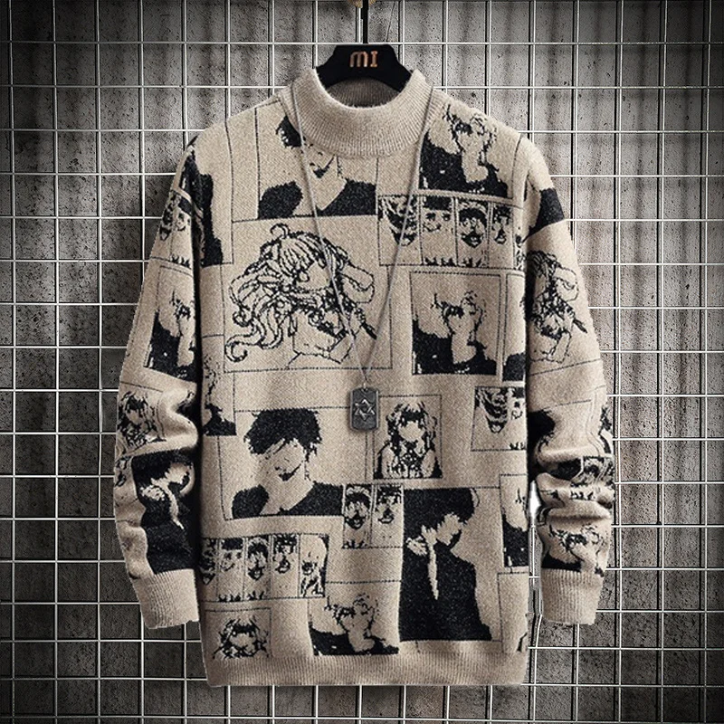 

Anime Sweater Men Winter Sweaters Long Sleeve Pullovers Anime Clothes Men Streetwear Cartoon Pattern Mock Neck Sweater Japan