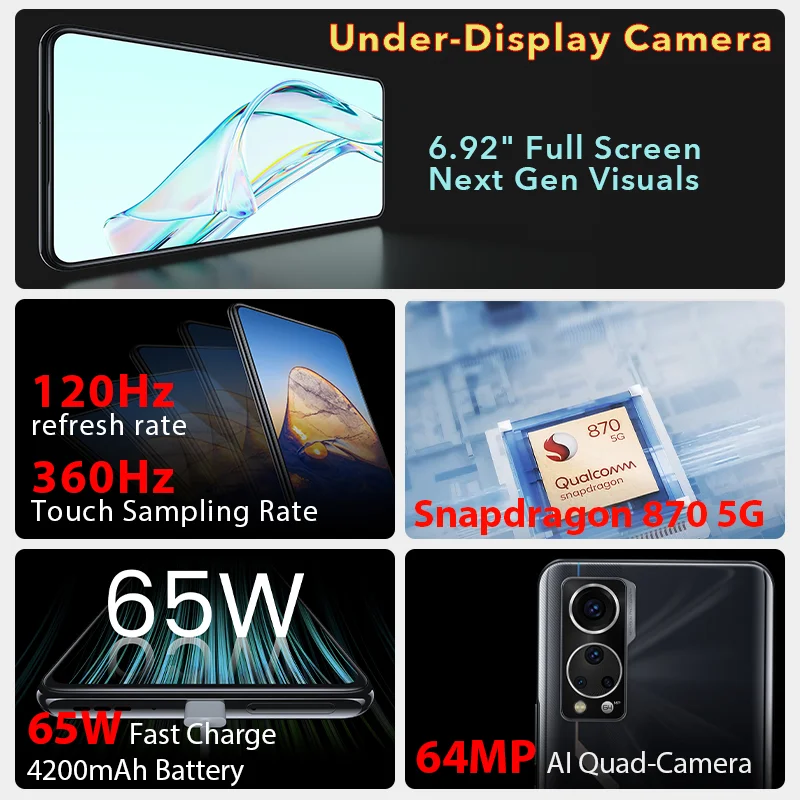 Global Version ZTE Axon 30 5G Cellphone Snapdragon 870 5G 120Hz Refresh Rate 6.92'' AMOLED Display 4200mAh 65W 64MP Quad-cam