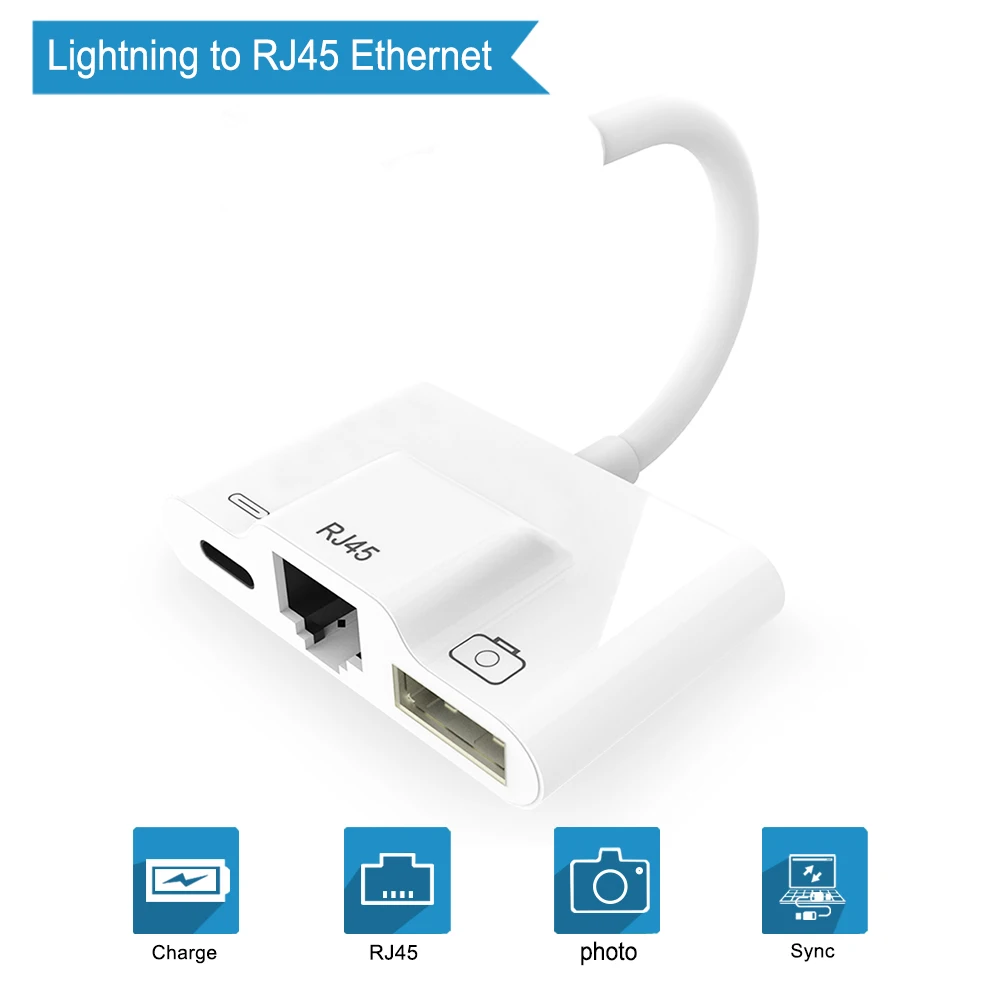 

Lightning to RJ45 Ethernet OTG Adapter LAN Wired Network Cable/Hub with USB 3 Camera and Charge Port for iPhone/iPad Flash Drive