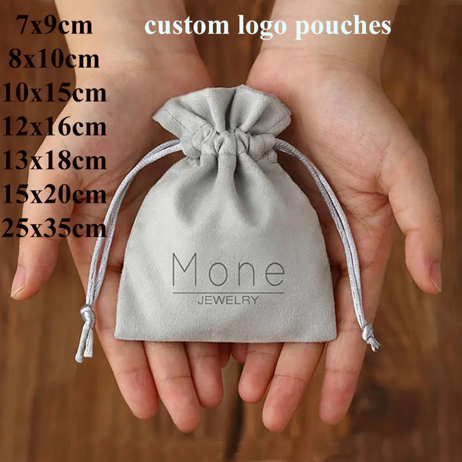 

100PCS Custom Logo Faux Suede Pouches Jewelry 10x15 12x16 13x18 15x20cm 25x35cm Wedding Favor Party Gift Bags Personalized Bag