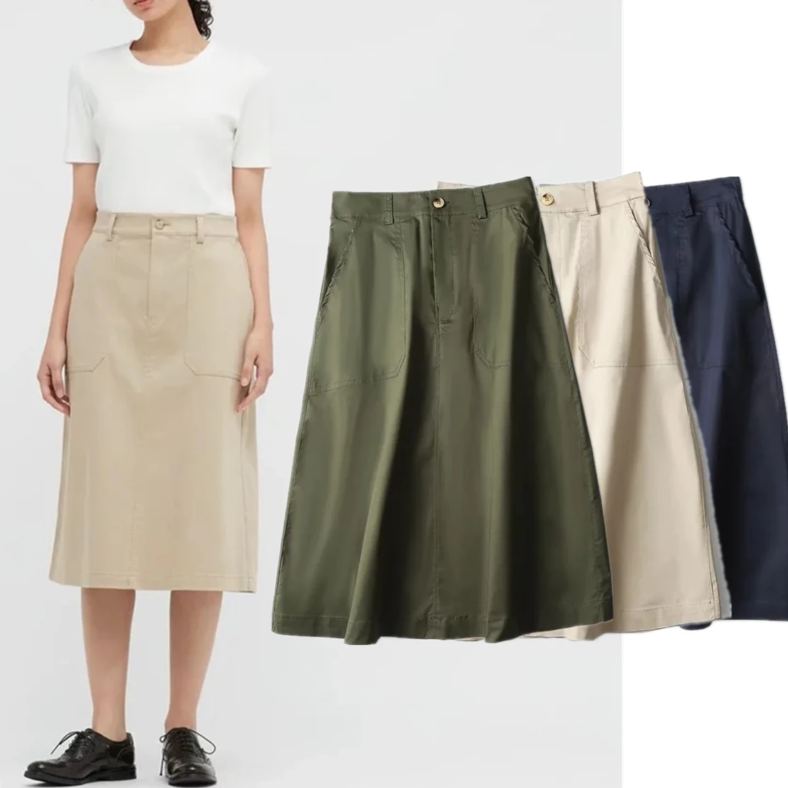 

Withered 2023 England Style Fashion Simple Office Lady Casual High Waist Cargo Skirt Pure Cotton Color Midi Skirts Women