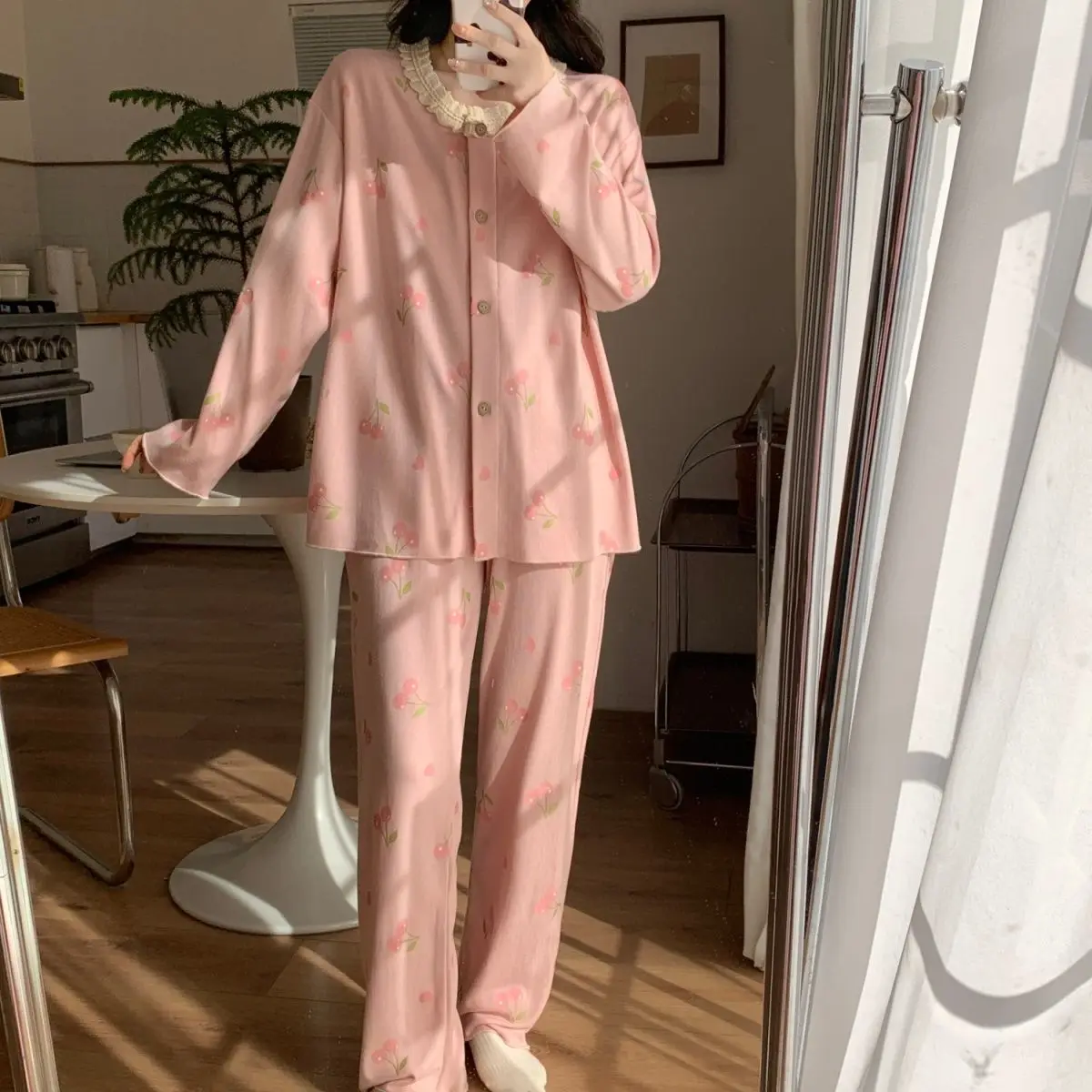 Весенне-осенняя модная женская повседневная милая розовая одежда для сна с