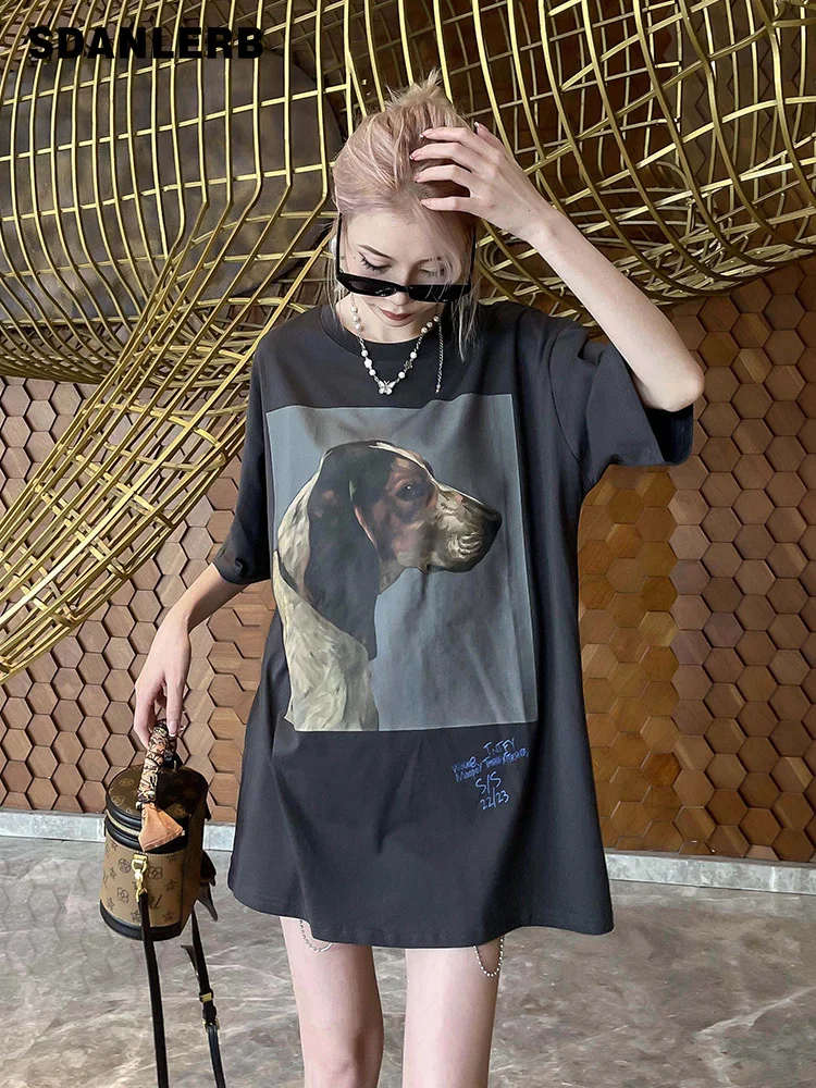 

Gray Personalized T-shirt Women's Unique European Style Wide 2022 New Summer Mid-Length Pullover Casual Short Sleeve Tops