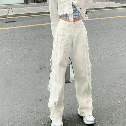 Harajuku High Waist White Women Jeans Summer Fashion Tassel Edge Design Straight Jeans Female Casual All Match Denim Trousers