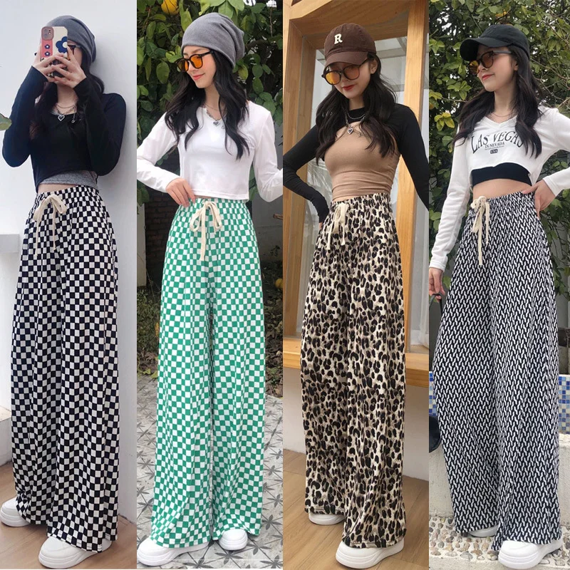 

2023 New Summer Checkerboard Plaid Wide Legged Women's Pants Spring Vintage High Waist Loose Lace Up Casual Trousers Female