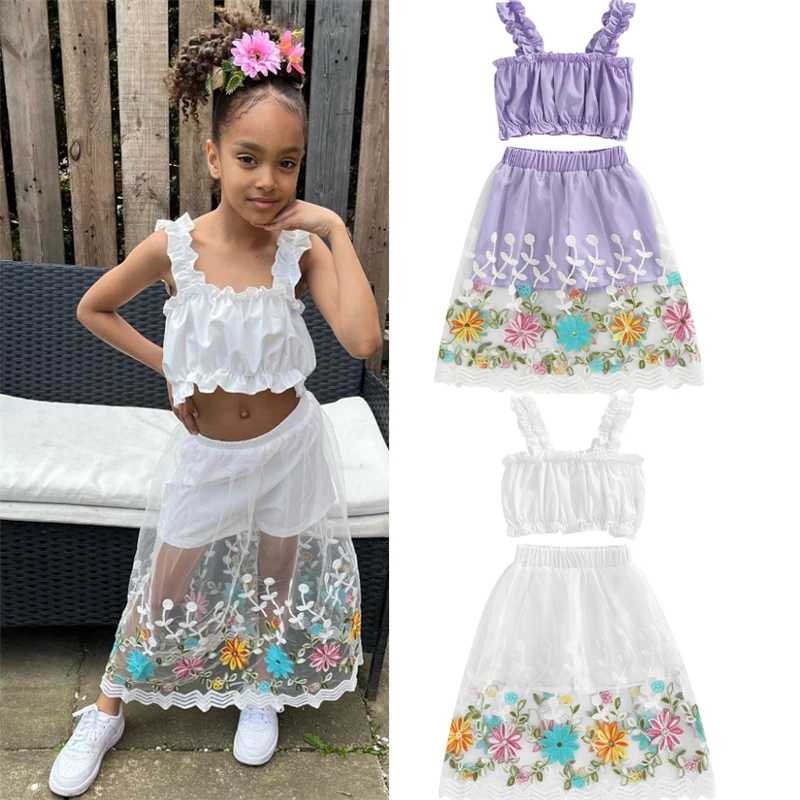 

Children Kids Girls Clothing Suit Solid Ruffled Sleeveless Tank Tops Floral Print Mesh Stitching Skirt Clothes 2-7Y