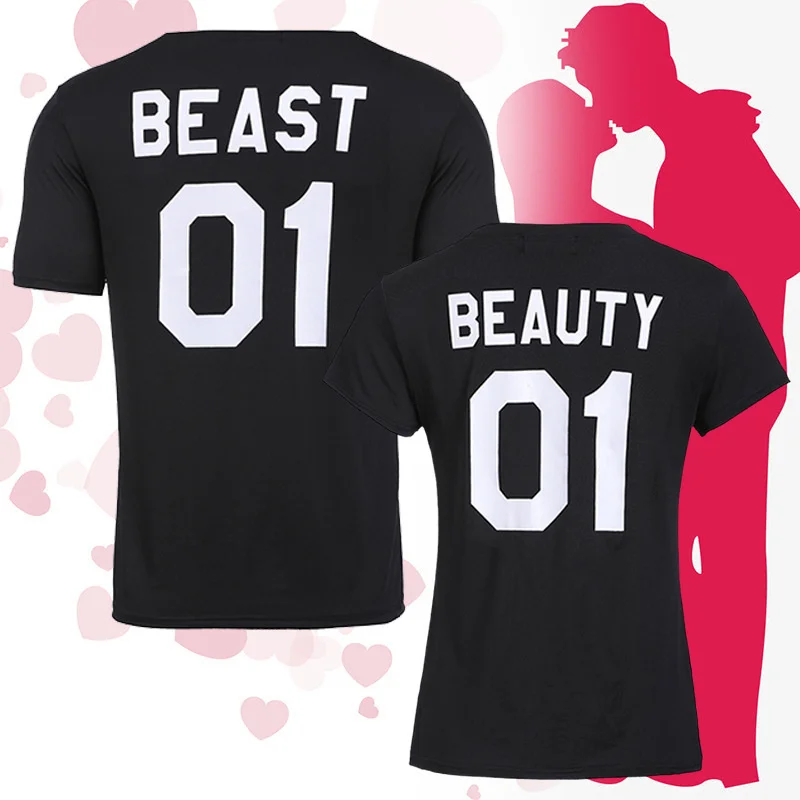 

King Queen Couples T Shirt BEAST BEAUTY Print Couple Tshirt Summer Fashion Woman T-shirt O-Neck Tops Lovers Tee Shirt DW70