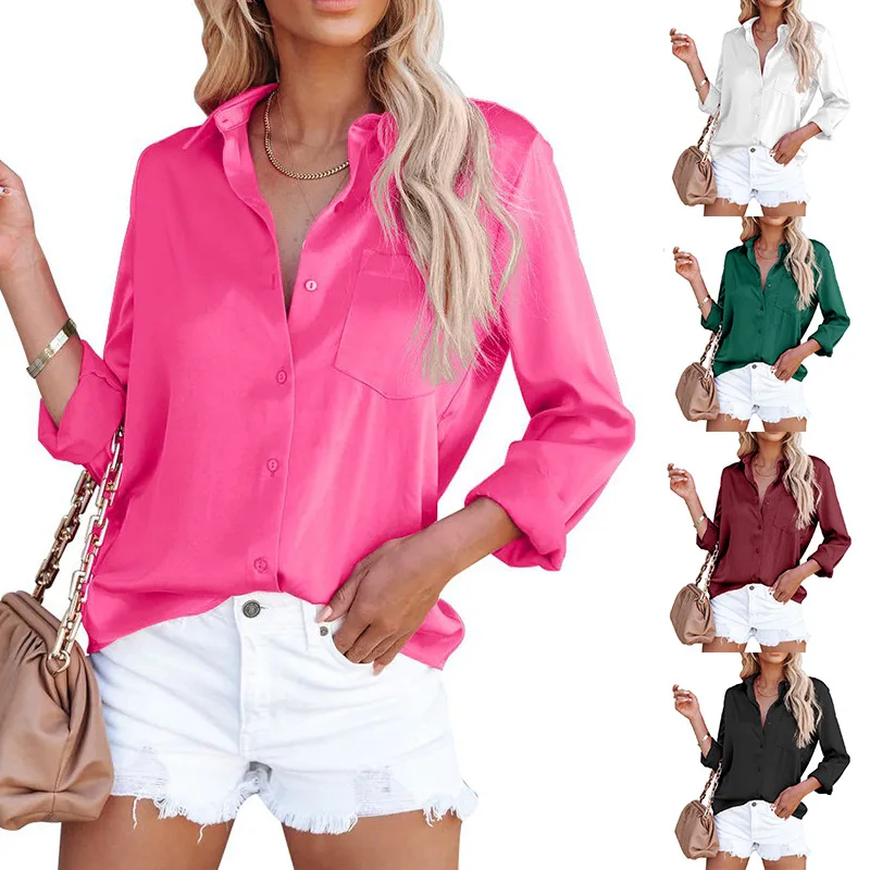 Women's Blouse Satin Long Sleeve Office Business Shirts Loose Button Up Shirts  V-neck Silk Solid Shirt Blouses Tops for Female