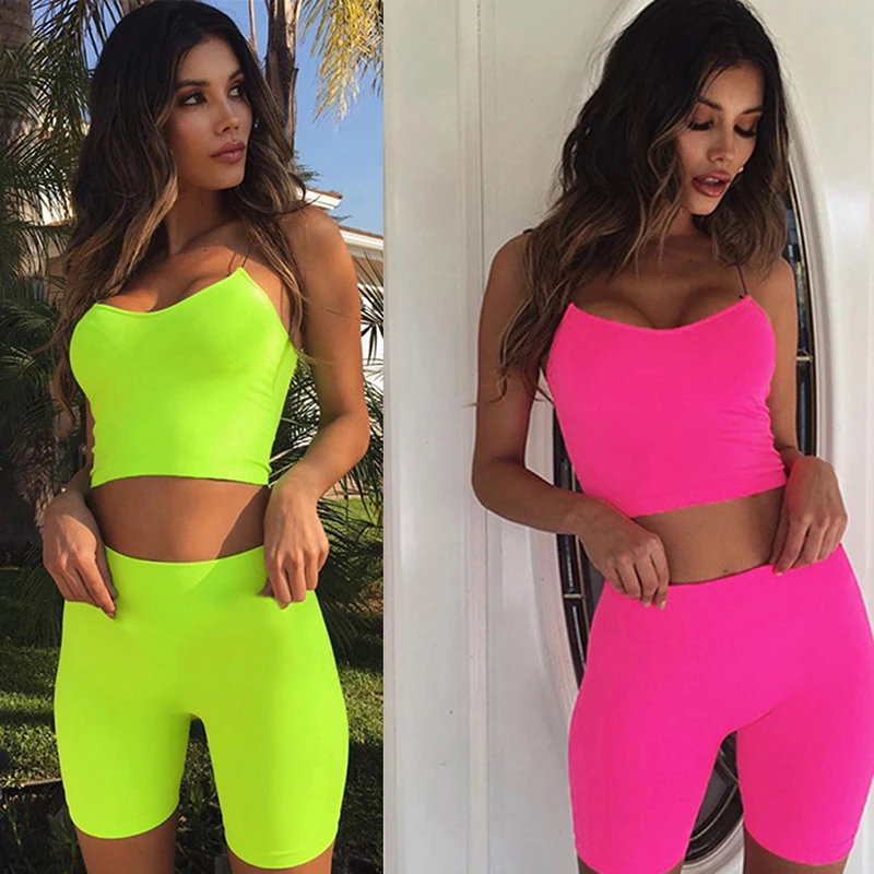 

2022 Summer Women Neon Color Two Pieces Set Off Shoulder Hollow Out Crop Top Elastic High Waist Shorts Outfit Tracksuit