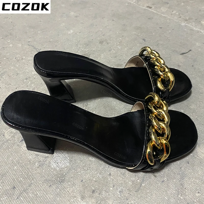 

High Heels Party Shoes Women Slippers 2022 New Chain Thick Summer Sandals Brand Sexy Pumps Women Shoes Slingback Slides Hot Sale