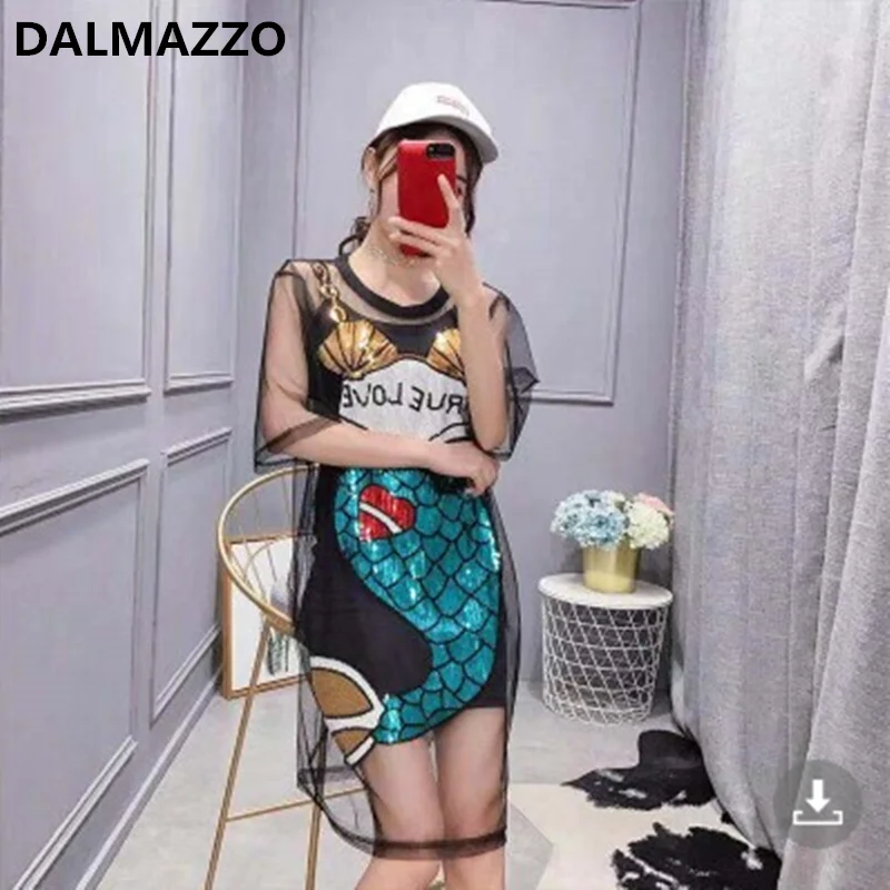 

Runway New Summer Half Sleeve Loose Long T Shirt Dress Women Fashion Designer Sequins Print Letters Straight Dresses With Lining