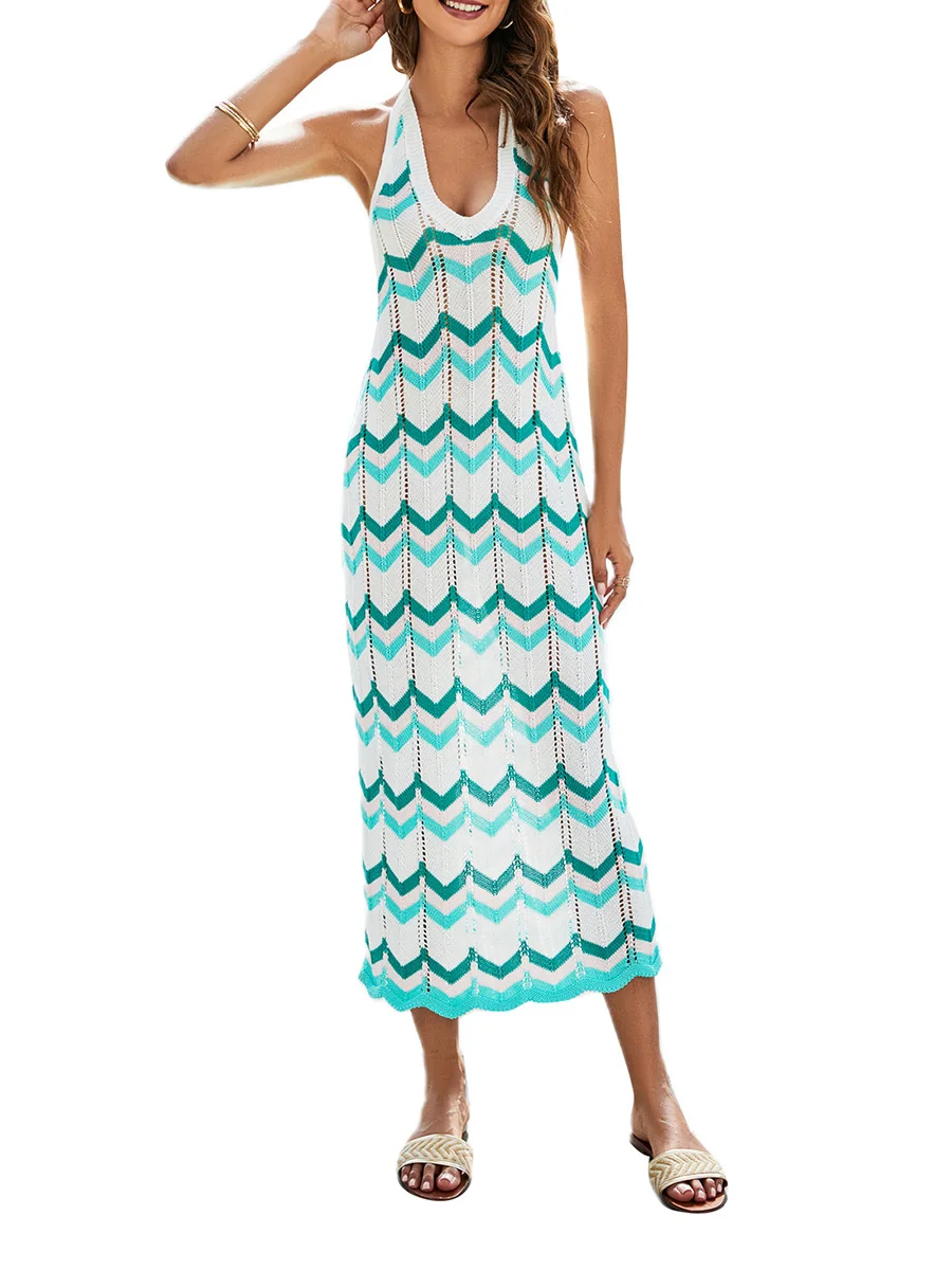 

Women Summer Knit Long Dress Wavy Stripe Print Sleeveless Halter Neck Tie-Up Shoulder Strap V-Neck Dress for Party Club