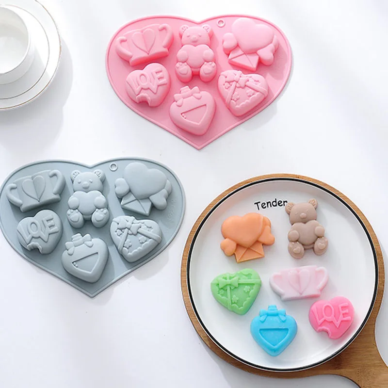 

6 Cells Cute Love Heart Bear Style Silicone Cake Molds For DIY Biscuit Jelly Chocolate Bakeware Fondant Dessert Pastry Tools