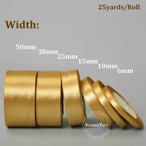 Золотая 25 ярдов, 6 мм, 10 мм, 15 мм, 25 мм, 38 мм, 50 мм, атласная лента с поясом, подарок, лук, аксессуары для свадебной вечеринки, банкетное украшение