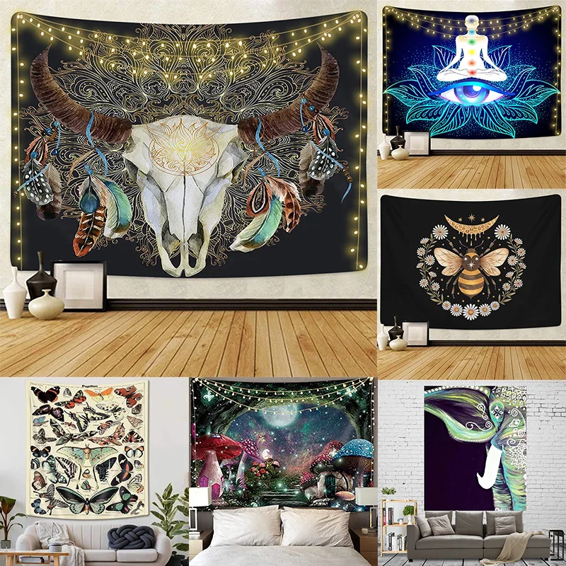 

Hippie Psychedelic Mushroom Tapestry Colorful Magic Forest Mandala Yoga Background Cloth Tapestries Decor for Room Hanging Art