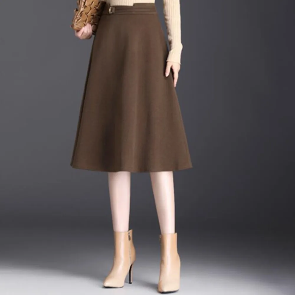 

Casual Autumn Midi Skirts A-line Hight Waist Elegant Women's Long Skirt OL Style Korean Fashion Woolen Office Skirt Lady