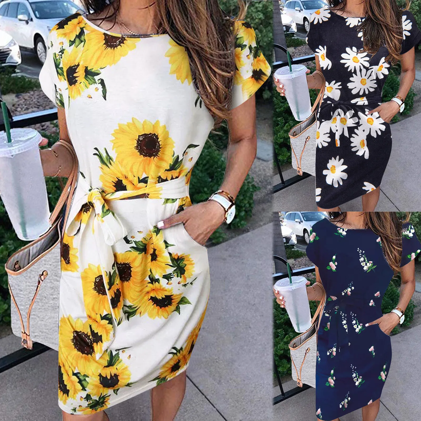 

New Women Short Sleeve Sunflower Pocket Tie Front O-neck Mini Dress Casual Slim Design T-shirt Dress Beautiful Versatile Dresses