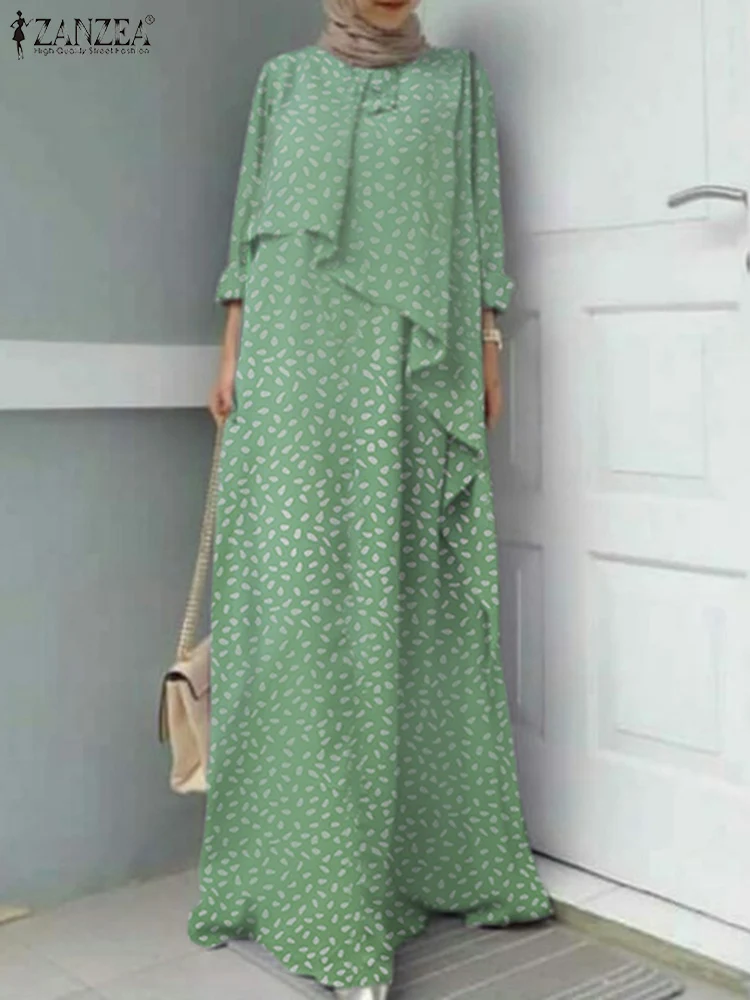 

2022 ZANZEA Women Asymmetrical Sundress Fashion Muslim Printed Maxi Dress Marocain Turkish Robe Femme Vestidos Islam Clothing