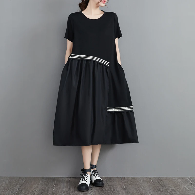 

Fashion Loose Casual Personality Thread Stitching Fashion High Waist Black Lantern Dress