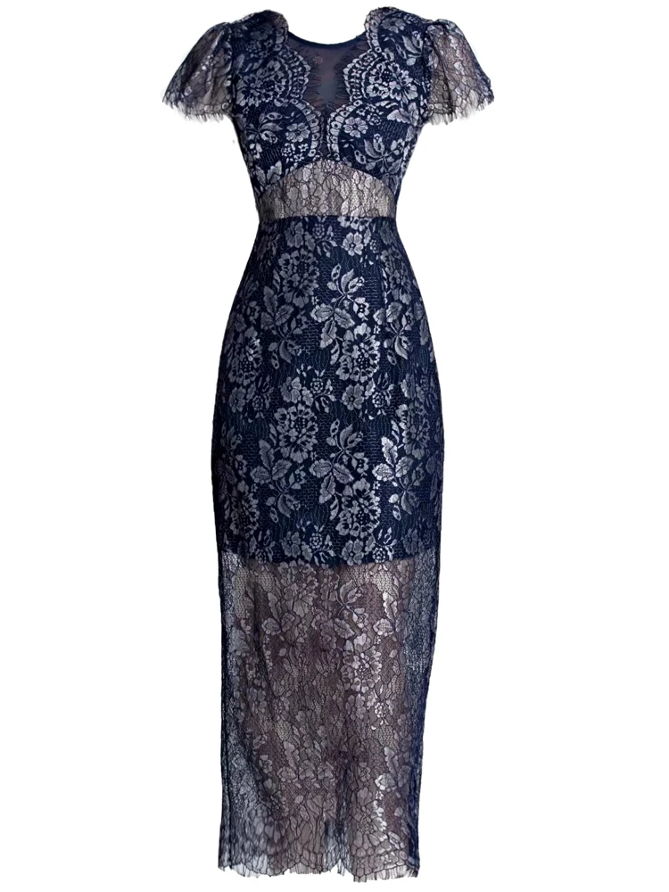 

Designer High Quality Summer New Women's High Street Casual Celebrity Party Fashion Vintage Elegant Lace Midi Pencil Dress
