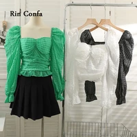 rin confa fashion korean version short thin crop top summer square collar exposed clavicle t shirt fold plaid pattern top women