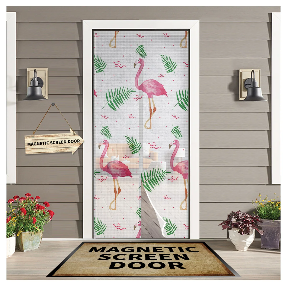 

Summer Pink Flamingo Green Tropical Leaves Curtain Anti Mosquito Insect Curtains Magnetic Net Mesh Door Screen Kitchen Curtain