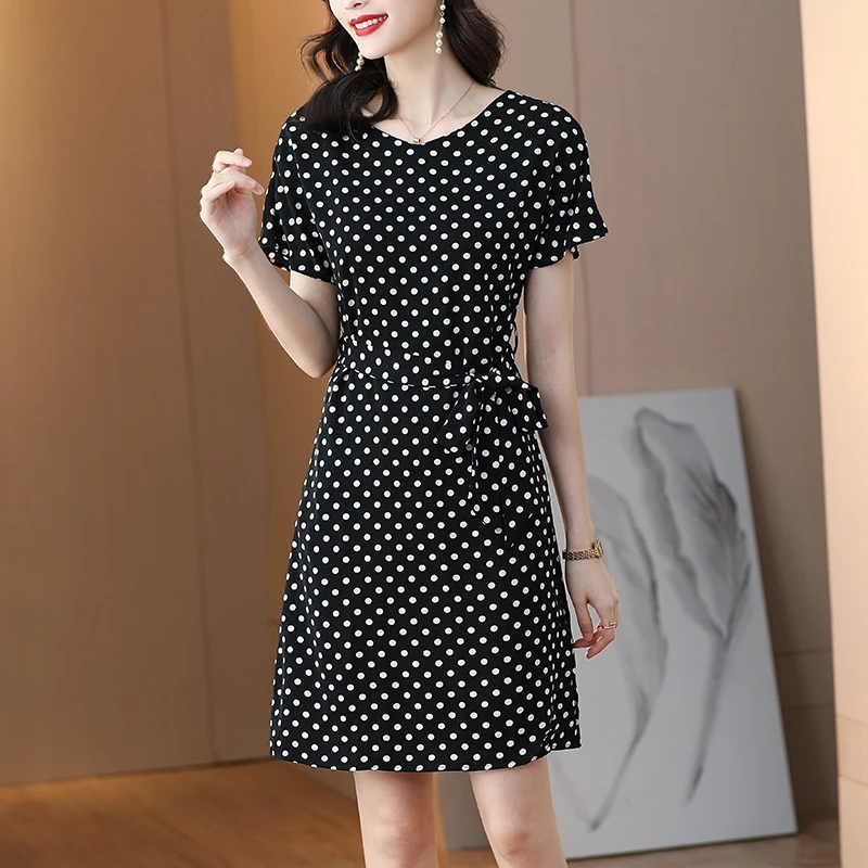 

Женские платья больших размеров в горошек, летнее свободное платье в Корейском стиле ретро с V-образным вырезом и высокой талией, женская од...