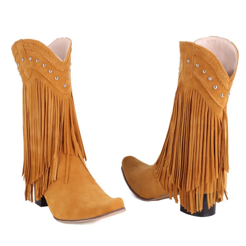 Women Tassel Cowgirl Boots Shoes 2022 New Fringe Middle Heels Western Boots Fashion Slip-on Wedge Pointed Toe Boots Female