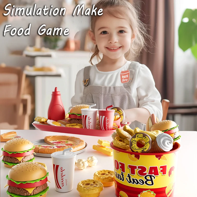 Children Kitchen Girl Toys Simulation Make Hamburger Pizza Fries Pretend Play Food Cooking Cutting Game Party Activity