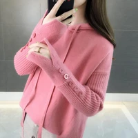 women sweaters tops korean loose pullover knitwear 2021 new autumn winter hooded solid color casual female short sweater tops