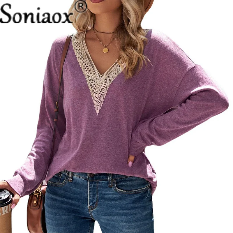 Футболка женская однотонная с V-образным вырезом и длинным рукавом - купить по