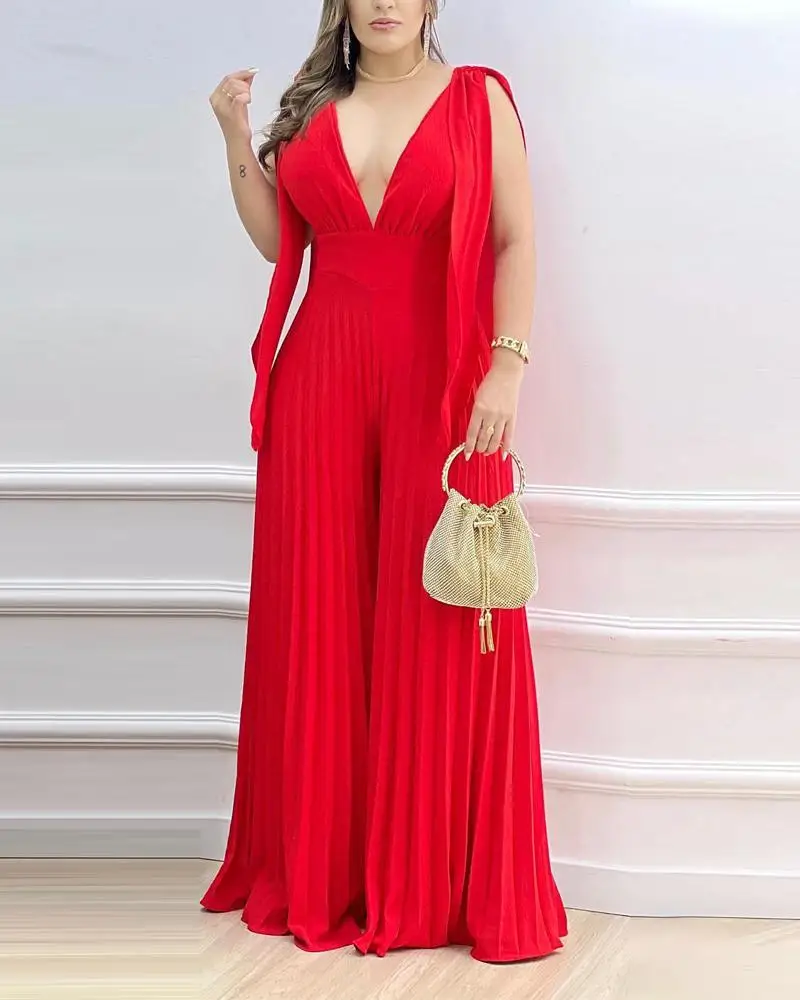 Women Jumpsuit Summer Fashion V Neck Sleeveless Solid Color Pleated Lace-up Loose Wide Legs Romper High Streetwear Wear Clothes