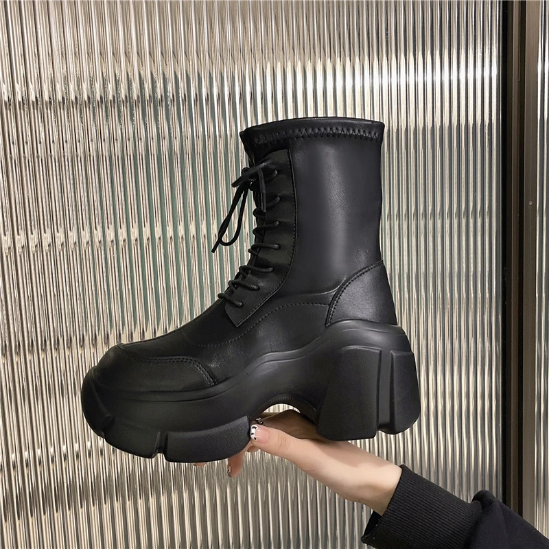 STRONGSHEN Comfortable Platform Boots for Woman Shoes Women Fashion Anklet Boots Round Toe Dad Sole Winter Female Lace Up Botas