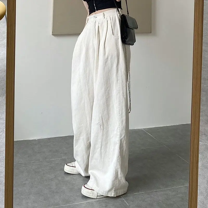

Corduroy Pants for Women White Autumn Harajuku Korean Retro Wide-leg Straight-leg Trousers Loose Simple Mopping Casual Trend