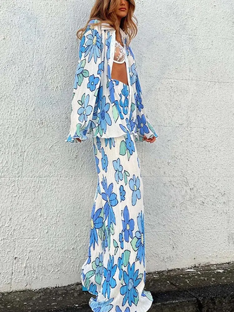 Женский плиссированный комплект из двух предметов Свободный Топ с цветочным